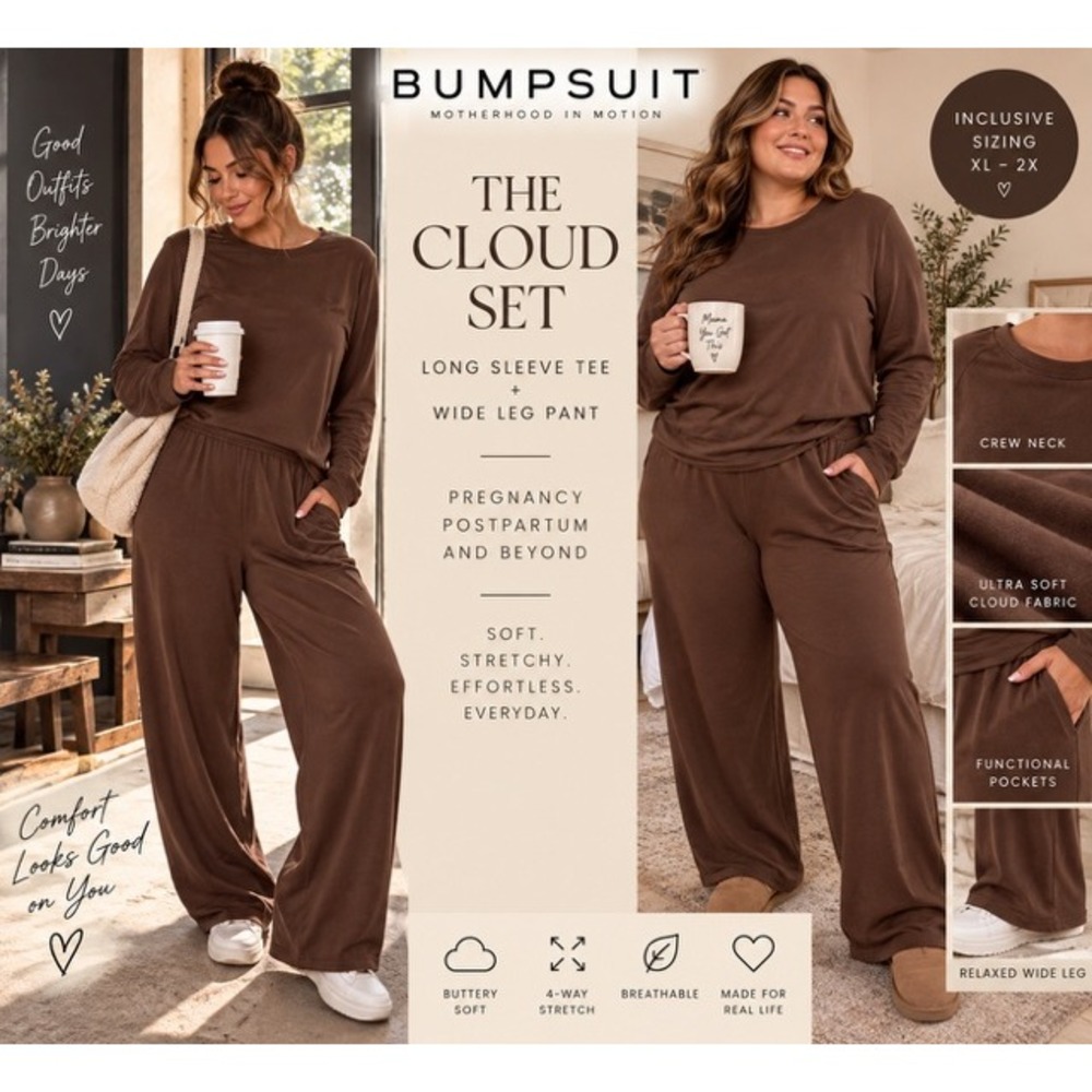 Bumpsuit The Cloud Set Brown Maternity Lounge Long Sleeve Tee Wide Leg Pant 1X2X